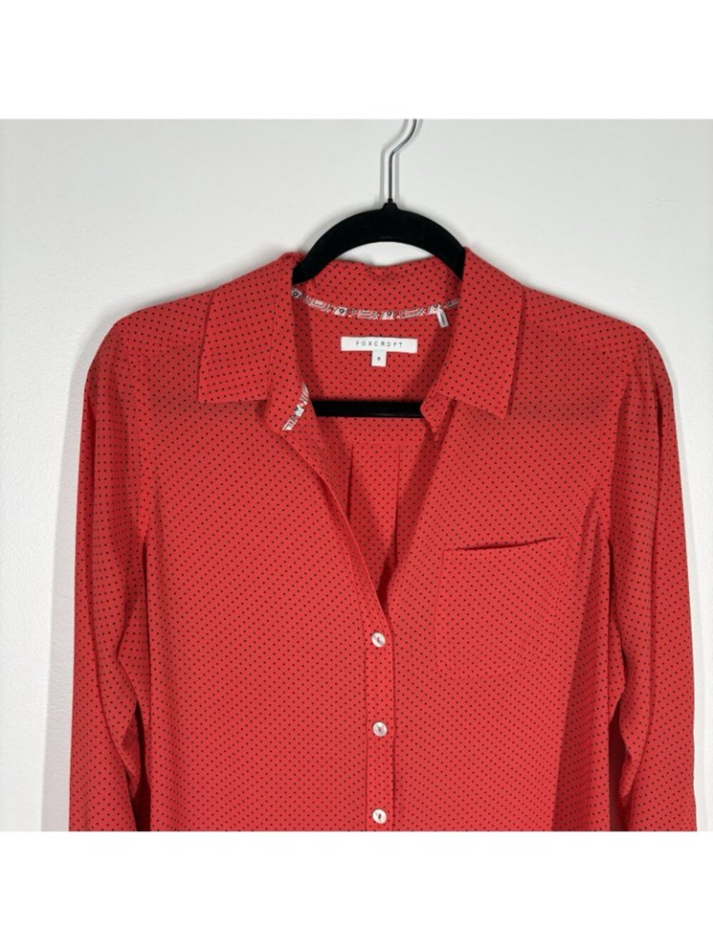 Foxcroft Women SZ 8 Red Black Polka Dot Long Sleeve Button Up Blouse - Picture 6 of 12